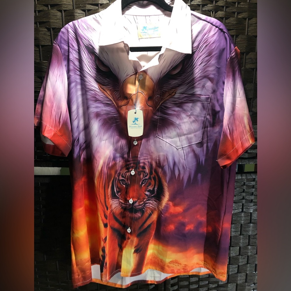 Hawaiian Shirts Winged Tiger Graphic Button Down Shirt Men’s L